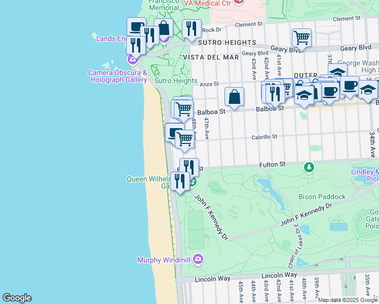 map of restaurants, bars, coffee shops, grocery stores, and more near 850 La Playa Street in San Francisco