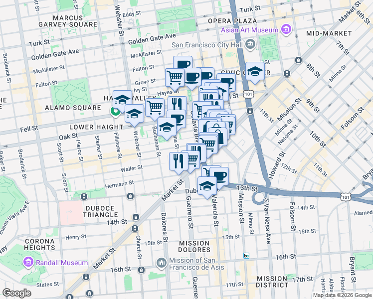 map of restaurants, bars, coffee shops, grocery stores, and more near 155 Haight Street in San Francisco