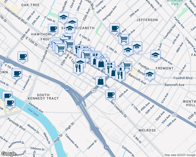 map of restaurants, bars, coffee shops, grocery stores, and more near 1205 41st Avenue in Oakland