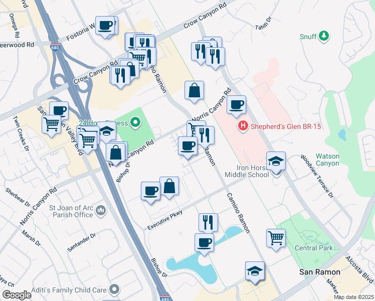 map of restaurants, bars, coffee shops, grocery stores, and more near 2410 Camino Ramon in San Ramon