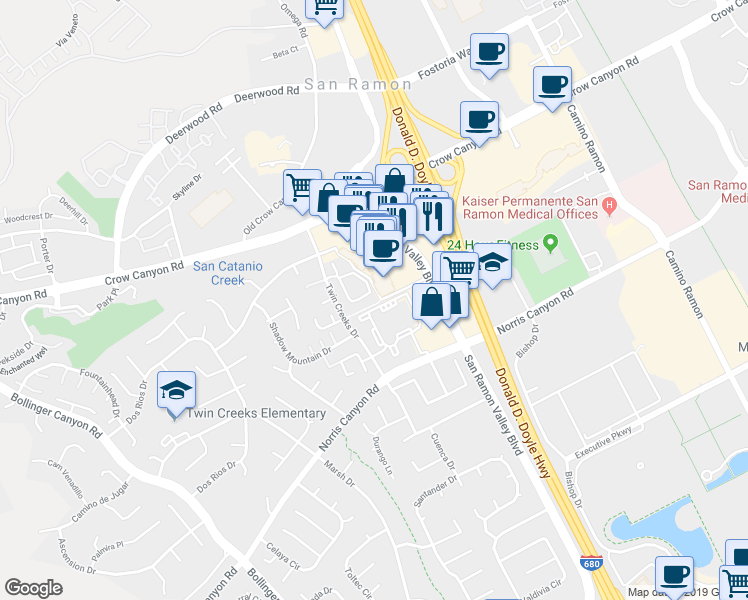 map of restaurants, bars, coffee shops, grocery stores, and more near 2505 San Ramon Valley Boulevard in San Ramon