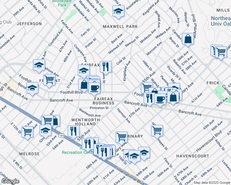 map of restaurants, bars, coffee shops, grocery stores, and more near 5432 Foothill Boulevard in Oakland