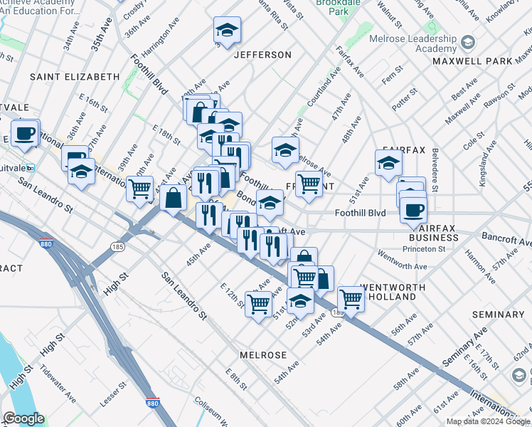 map of restaurants, bars, coffee shops, grocery stores, and more near 1720 46th Avenue in Oakland