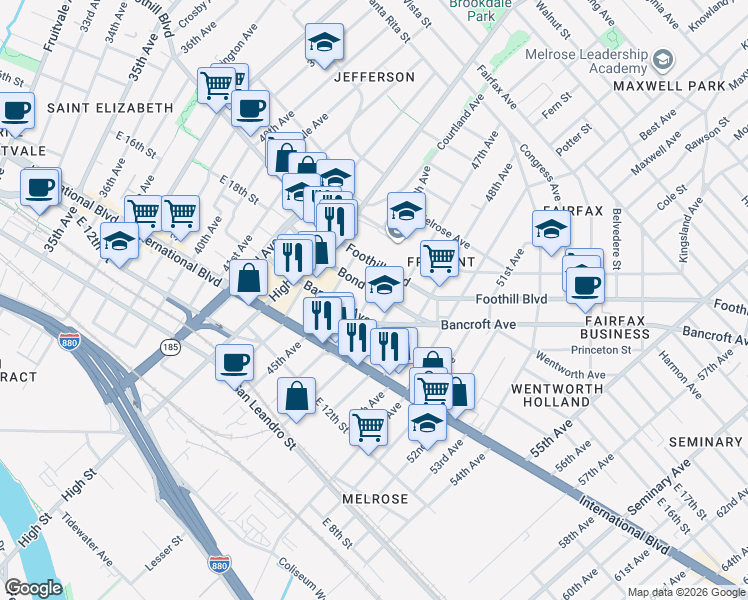 map of restaurants, bars, coffee shops, grocery stores, and more near 1720 46th Avenue in Oakland