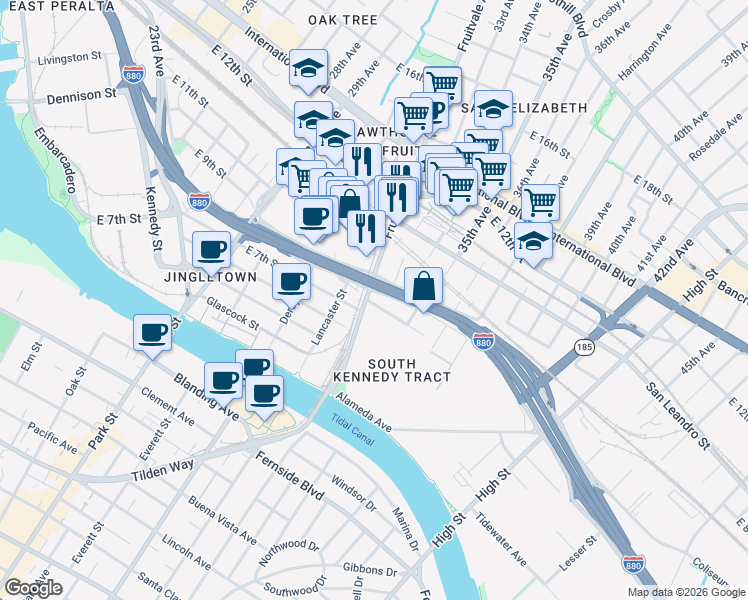 map of restaurants, bars, coffee shops, grocery stores, and more near 3211 East 8th Street in Oakland