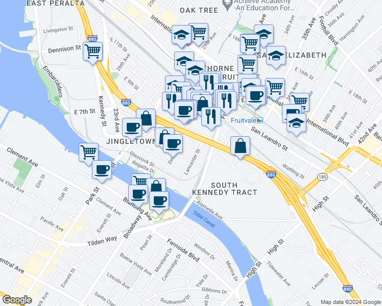 map of restaurants, bars, coffee shops, grocery stores, and more near 3009 East 7th Street in Oakland