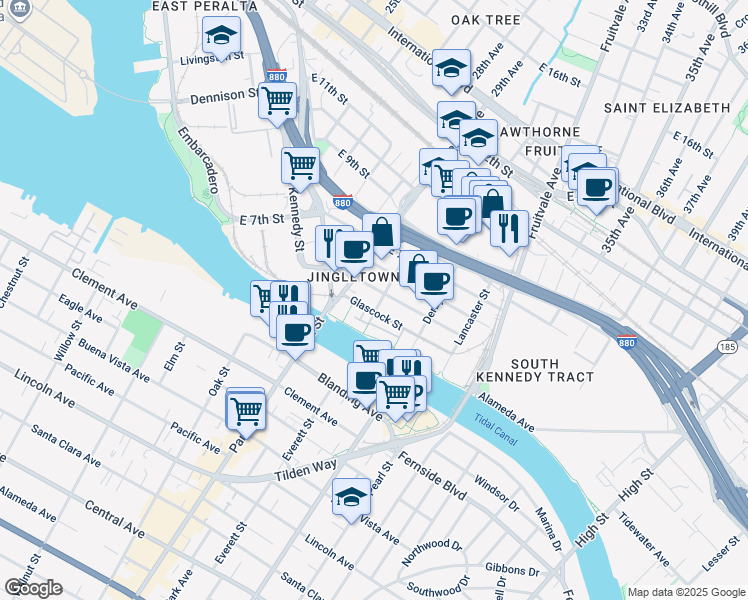 map of restaurants, bars, coffee shops, grocery stores, and more near 2896 Ford Street in Oakland