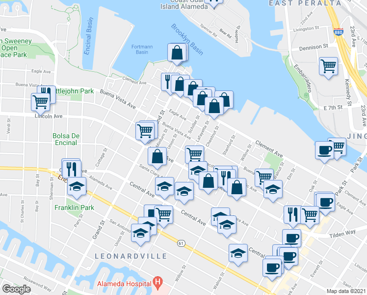 map of restaurants, bars, coffee shops, grocery stores, and more near 1728 Schiller Street in Alameda