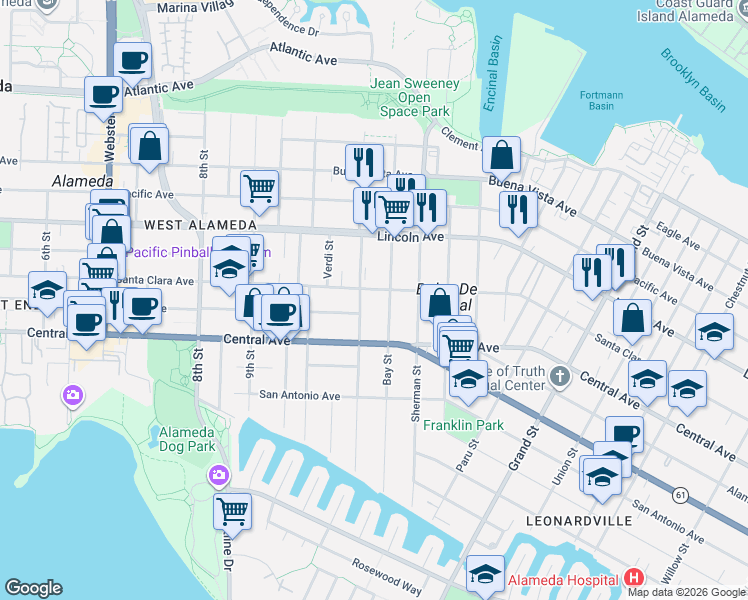 map of restaurants, bars, coffee shops, grocery stores, and more near in Alameda