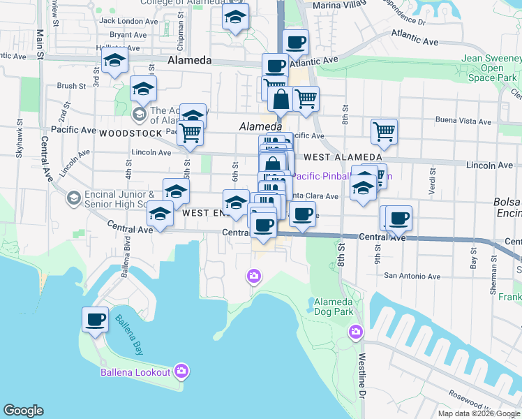 map of restaurants, bars, coffee shops, grocery stores, and more near 618 Santa Clara Avenue in Alameda