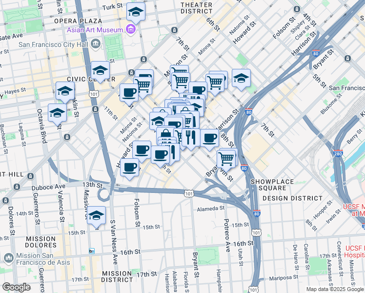 map of restaurants, bars, coffee shops, grocery stores, and more near 130 Dore Street in San Francisco