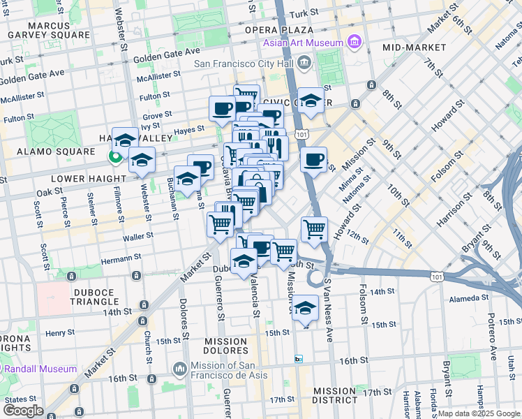 map of restaurants, bars, coffee shops, grocery stores, and more near in San Francisco