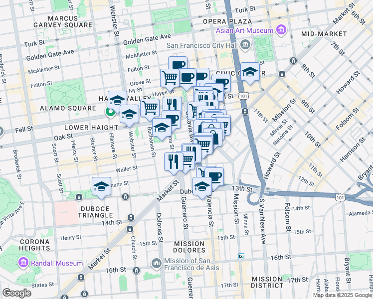 map of restaurants, bars, coffee shops, grocery stores, and more near 101 Octavia Street in San Francisco