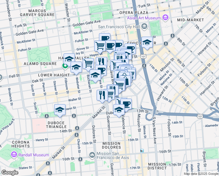 map of restaurants, bars, coffee shops, grocery stores, and more near 101 Octavia Street in San Francisco