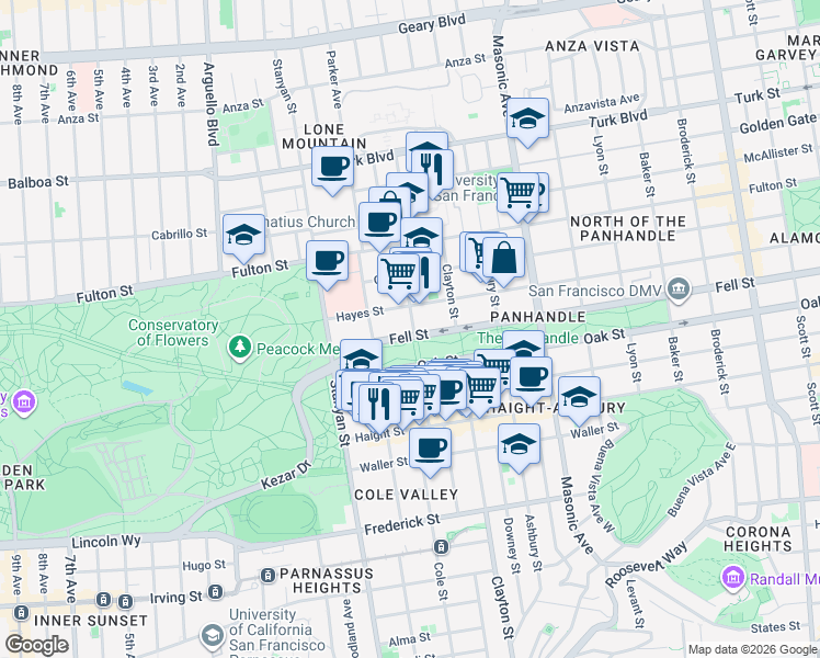 map of restaurants, bars, coffee shops, grocery stores, and more near 215 Cole Street in San Francisco