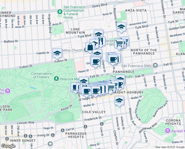 map of restaurants, bars, coffee shops, grocery stores, and more near 215 Cole Street in San Francisco