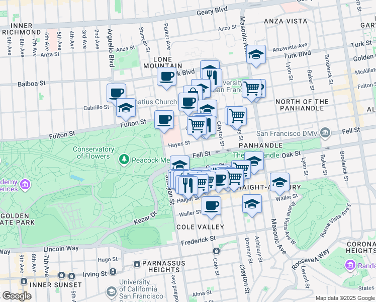 map of restaurants, bars, coffee shops, grocery stores, and more near 2185 Hayes Street in San Francisco