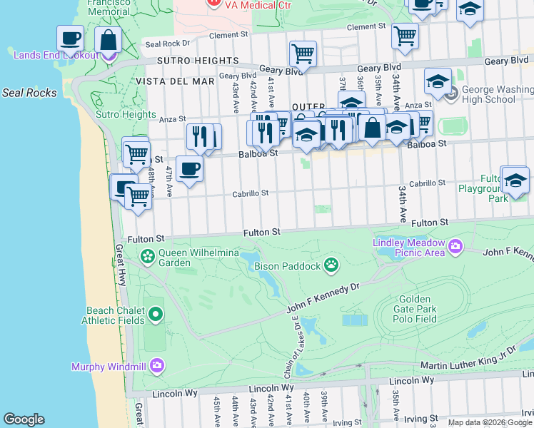 map of restaurants, bars, coffee shops, grocery stores, and more near 828 42nd Avenue in San Francisco