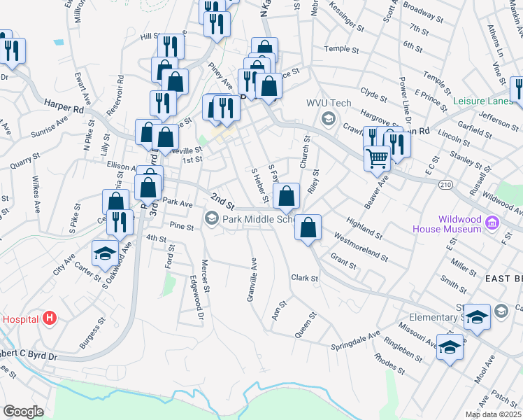 map of restaurants, bars, coffee shops, grocery stores, and more near 301 South Heber Street in Beckley