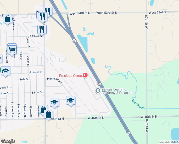 map of restaurants, bars, coffee shops, grocery stores, and more near Highway 96 in Maize