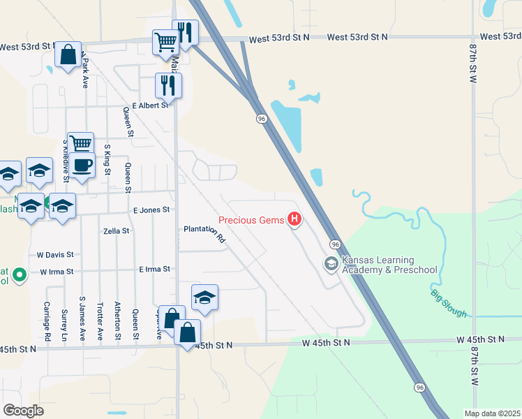 map of restaurants, bars, coffee shops, grocery stores, and more near 440 South Longbranch Drive in Maize