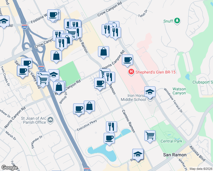 map of restaurants, bars, coffee shops, grocery stores, and more near 2410 Camino Ramon in San Ramon