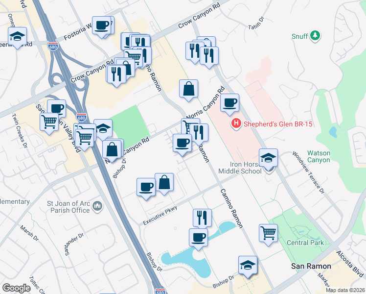 map of restaurants, bars, coffee shops, grocery stores, and more near 2410 Camino Ramon in San Ramon