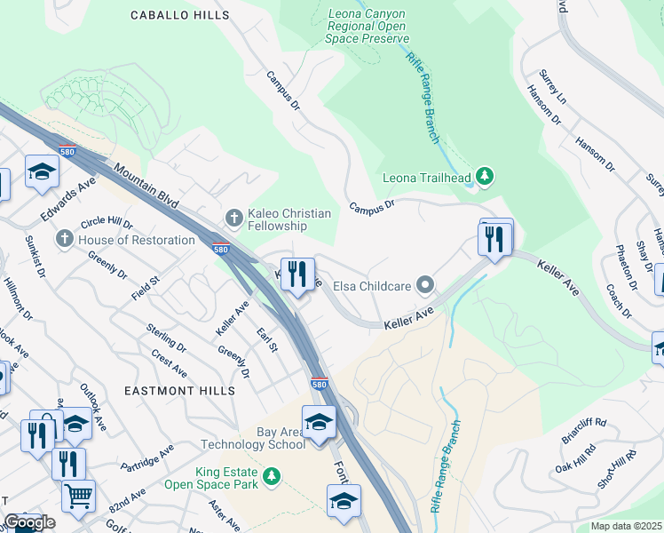 map of restaurants, bars, coffee shops, grocery stores, and more near 8054 Greenridge Drive in Oakland