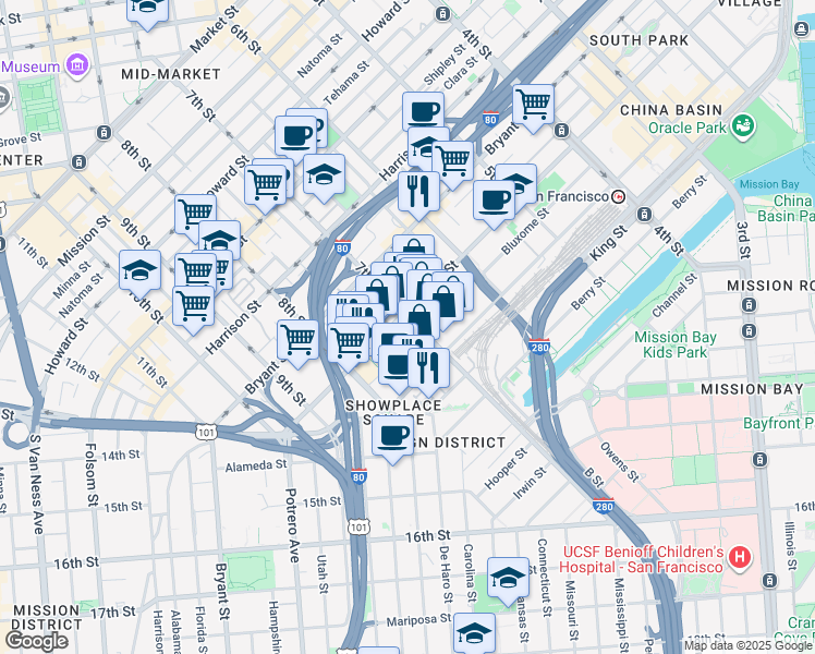 map of restaurants, bars, coffee shops, grocery stores, and more near 600 7th Street in San Francisco
