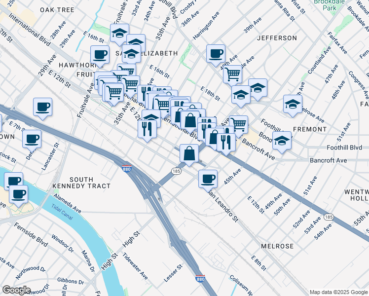 map of restaurants, bars, coffee shops, grocery stores, and more near 1205 41st Avenue in Oakland