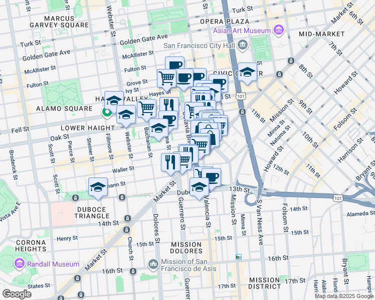 map of restaurants, bars, coffee shops, grocery stores, and more near 47 Octavia Street in San Francisco