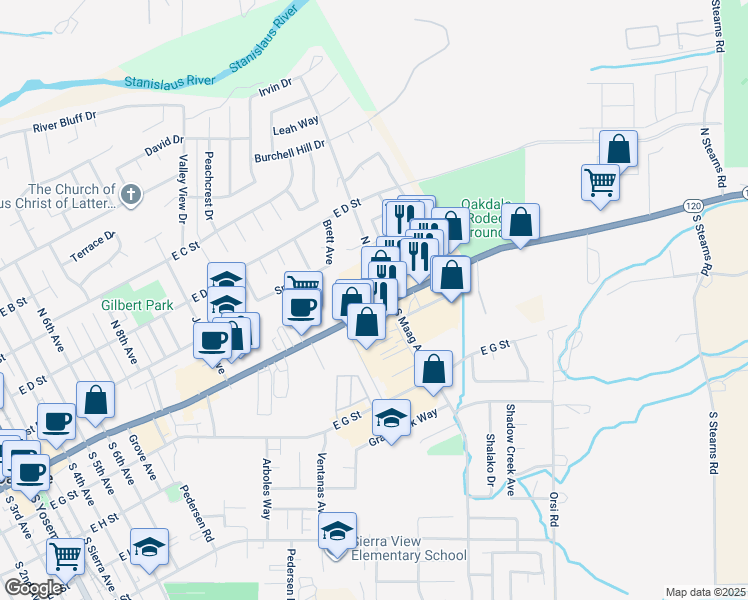 map of restaurants, bars, coffee shops, grocery stores, and more near 1474 East F Street in Oakdale