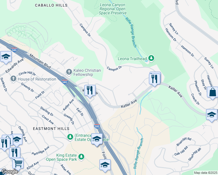 map of restaurants, bars, coffee shops, grocery stores, and more near 8083 Greenridge Drive in Oakland