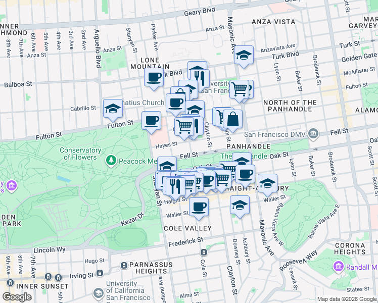 map of restaurants, bars, coffee shops, grocery stores, and more near 215 Cole Street in San Francisco