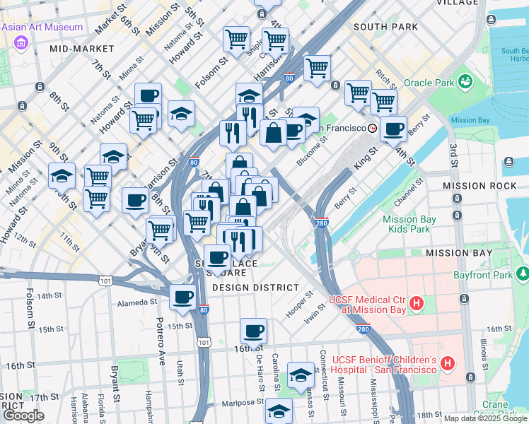 map of restaurants, bars, coffee shops, grocery stores, and more near 550 Townsend Street in San Francisco