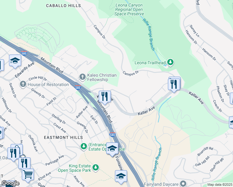map of restaurants, bars, coffee shops, grocery stores, and more near 8054 Greenridge Drive in Oakland
