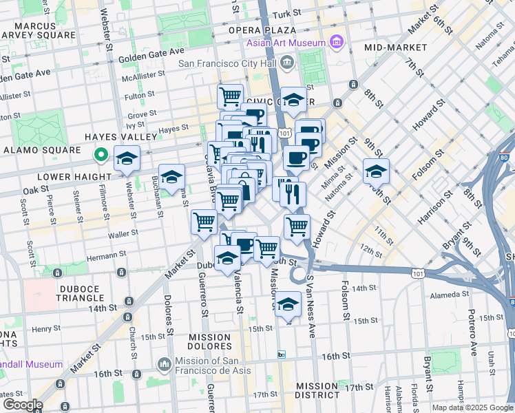 map of restaurants, bars, coffee shops, grocery stores, and more near 1206 Stevenson Street in San Francisco