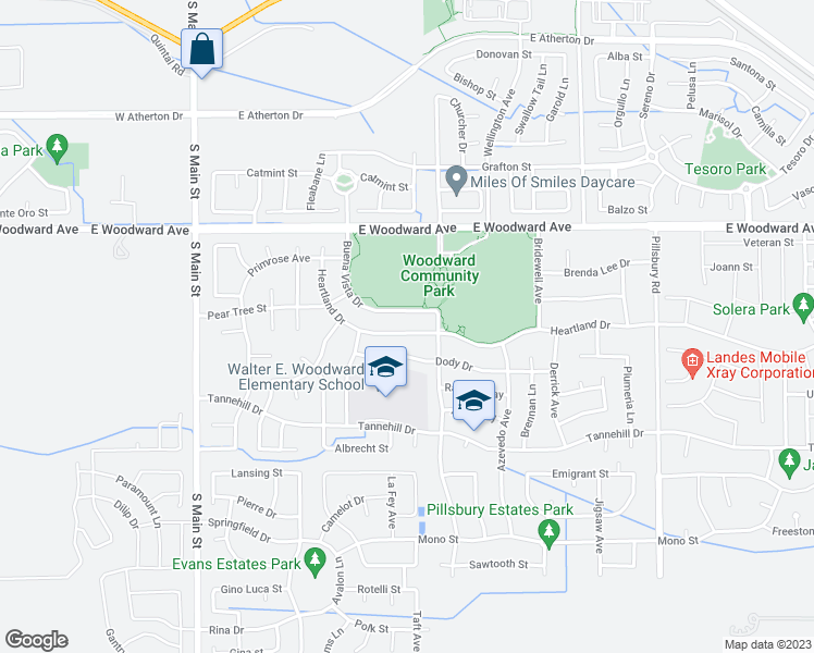 map of restaurants, bars, coffee shops, grocery stores, and more near 621 Heartland Drive in Manteca