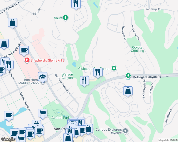 map of restaurants, bars, coffee shops, grocery stores, and more near 113 Sapphire Court in San Ramon