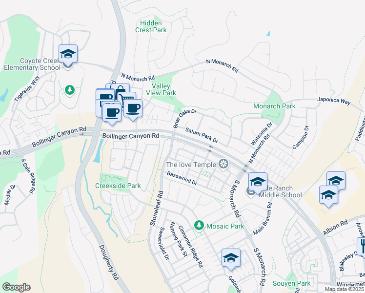 map of restaurants, bars, coffee shops, grocery stores, and more near 2239 Magnolia Bridge Drive in San Ramon