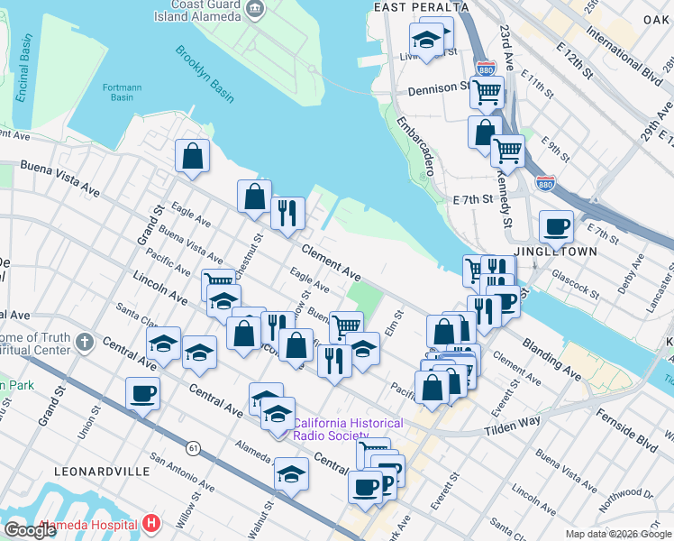map of restaurants, bars, coffee shops, grocery stores, and more near 2110 Clement Avenue in Alameda