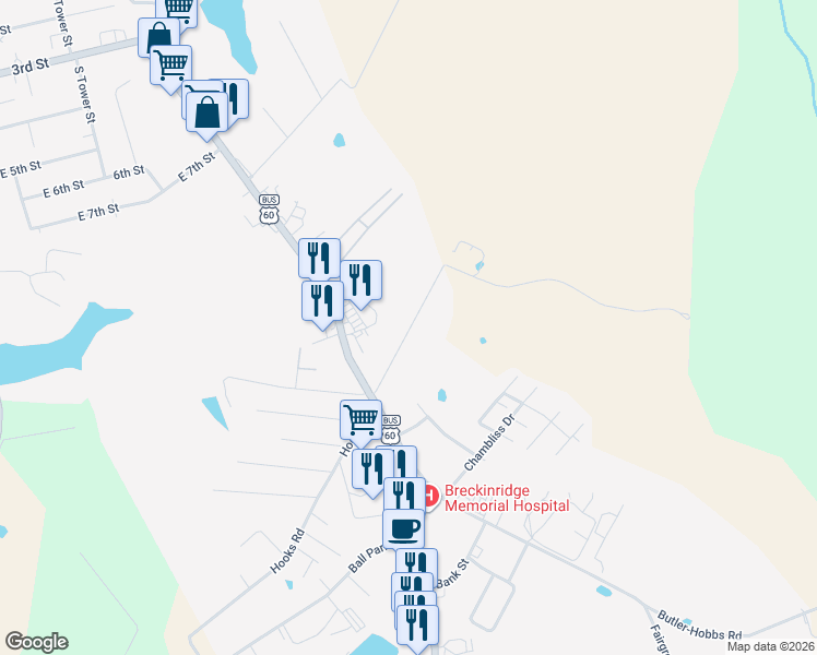 map of restaurants, bars, coffee shops, grocery stores, and more near 525 Old Highway 60 in Hardinsburg