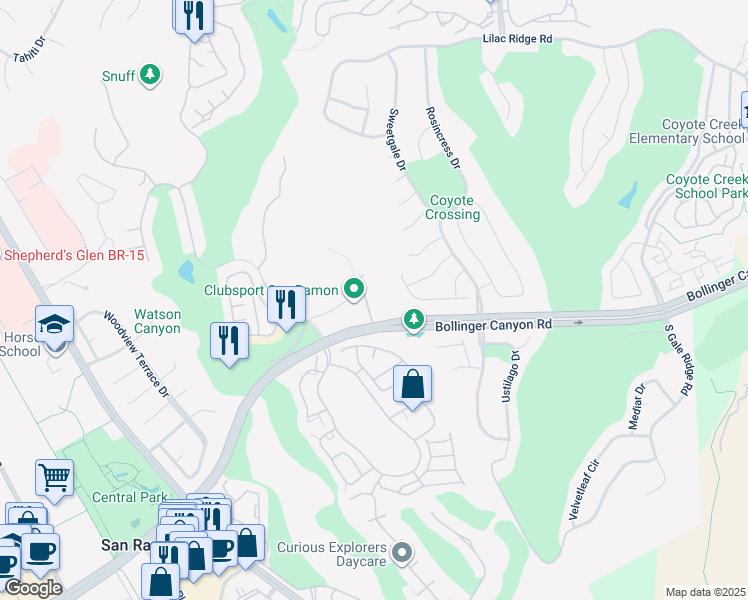 map of restaurants, bars, coffee shops, grocery stores, and more near 470 Bollinger Canyon Lane in San Ramon