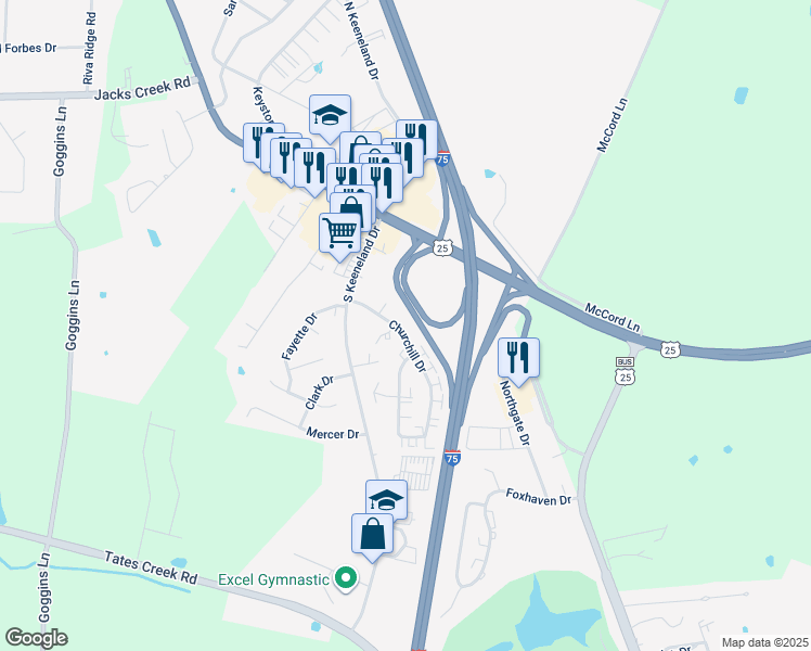 map of restaurants, bars, coffee shops, grocery stores, and more near 229 Churchill Drive in Richmond