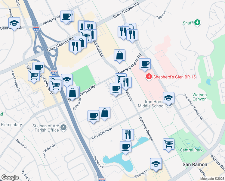 map of restaurants, bars, coffee shops, grocery stores, and more near 2410 Camino Ramon in San Ramon