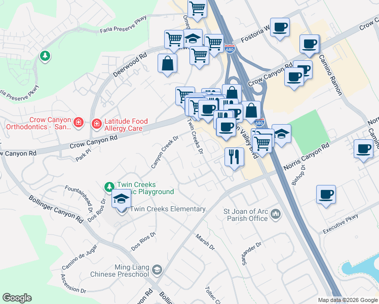 map of restaurants, bars, coffee shops, grocery stores, and more near 453 Carillo Court in San Ramon