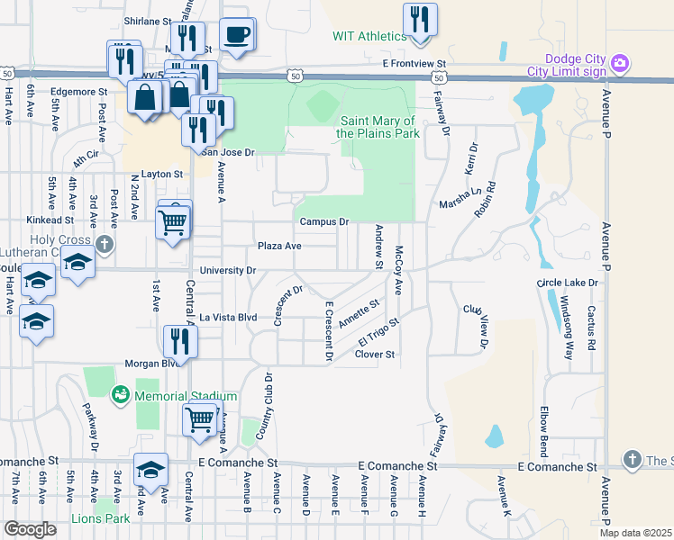 map of restaurants, bars, coffee shops, grocery stores, and more near 2201 Woodrow Avenue in Dodge City