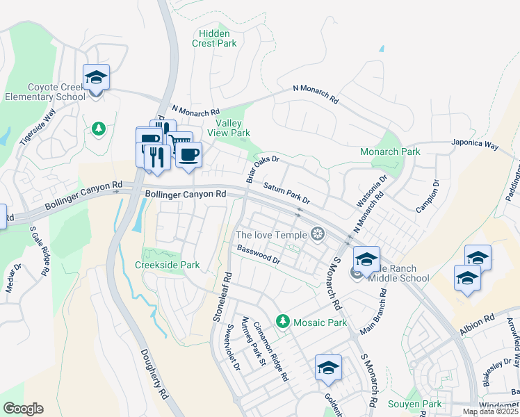 map of restaurants, bars, coffee shops, grocery stores, and more near 2239 Magnolia Bridge Drive in San Ramon