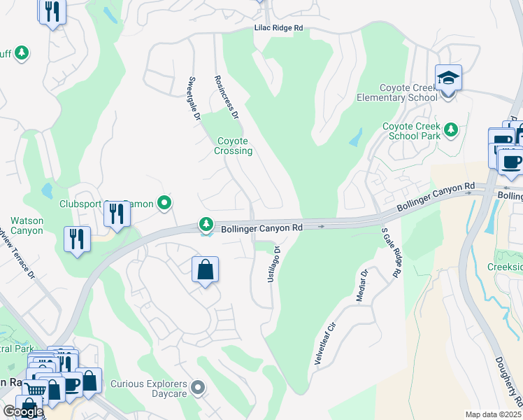 map of restaurants, bars, coffee shops, grocery stores, and more near 3008 Sorrelwood Drive in San Ramon