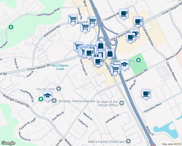 map of restaurants, bars, coffee shops, grocery stores, and more near 101 Compton Circle in San Ramon